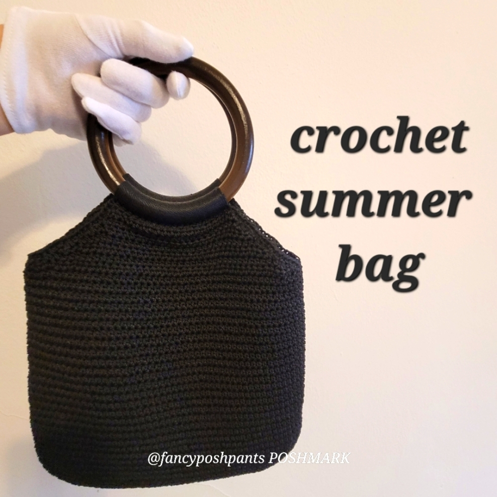 Crochet bag wood handles large interior zip pocket top snap closure black woven